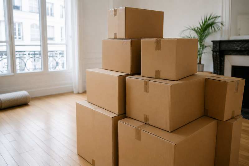 Pile de cartons prêts dans un salon presque vide