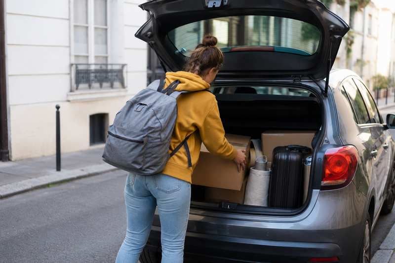 Étudiant chargeant cartons et valise dans une voiture dans le Var