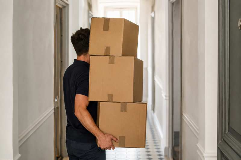 Déménageur portant des cartons dans un couloir de résidence étudiante