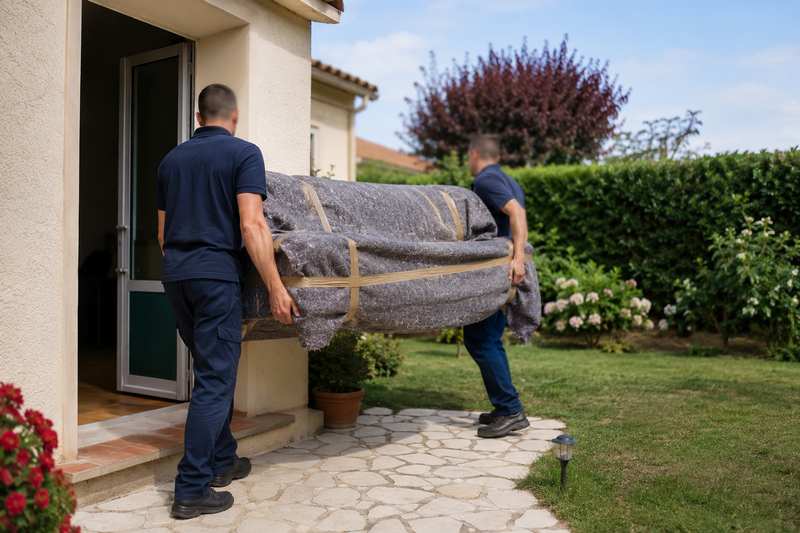 Déménageurs portant un canapé hors d'une maison à Brignoles