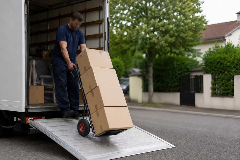 Déménageurs déchargeant un diable de cartons dans une rue du Var