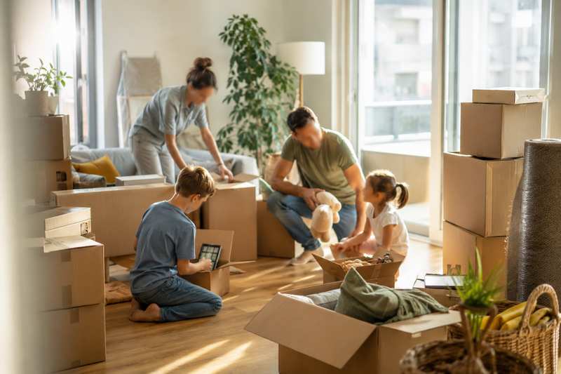 Famille dans un salon entouré de cartons lors d'un déménagement