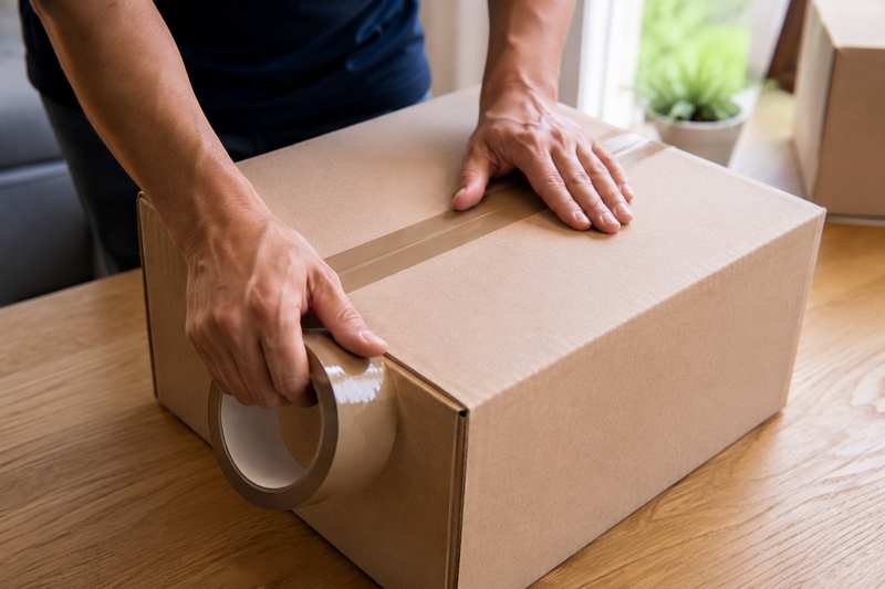 Mains fermant un carton au ruban adhésif lors d'un déménagement