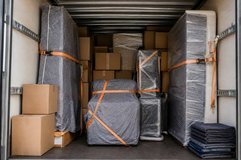 Intérieur d'un camion avec meubles sanglés pour la longue distance