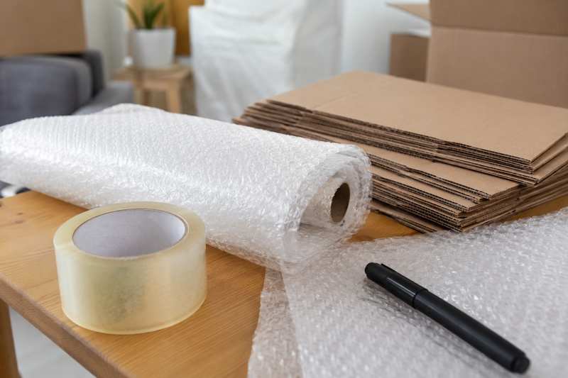 Matériel d'emballage de déménagement : cartons, ruban et papier bulle
