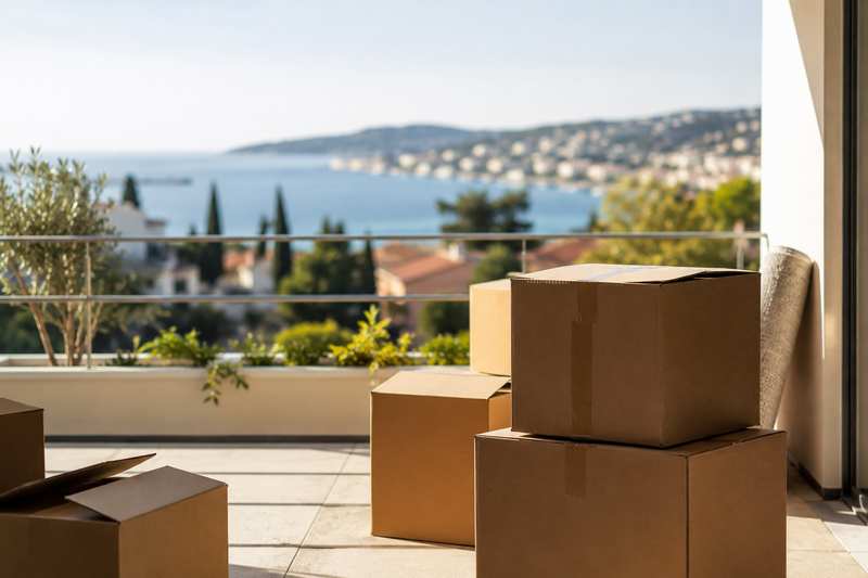 Terrasse vue mer et cartons sur la corniche de l'Estérel à Saint-Raphaël