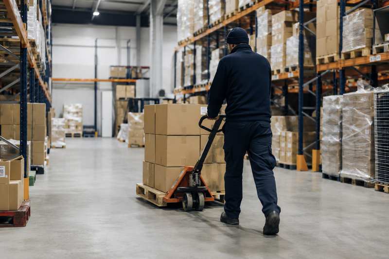 Transpalette de cartons dans un entrepôt lors d'un déménagement d'entreprise