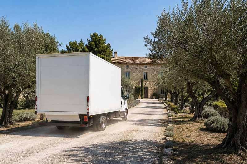 Camion de déménagement dans l’allée d’une bastide provençale près de Flayosc