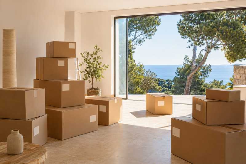 Cartons de déménagement empilés dans un salon ouvert sur les pins et la mer à Giens