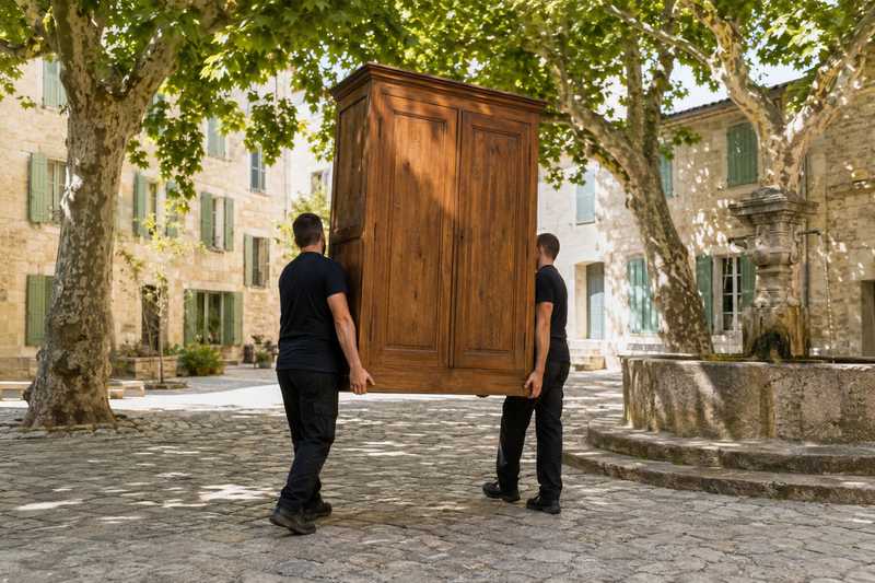 Déménageurs portant une armoire sur une place de village à Flayosc