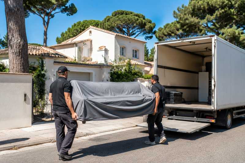 Déménageurs portant un canapé sous housse vers un camion devant une villa de la presqu’île de Giens