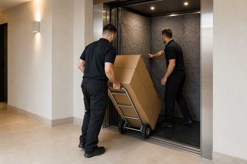 Déménageurs chargeant un diable de cartons dans l’ascenseur d’une résidence