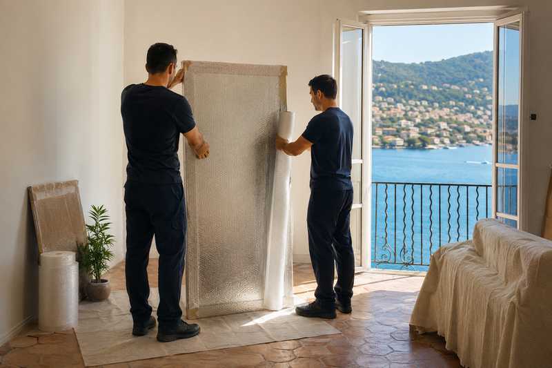 Déménageurs emballant un miroir dans un appartement lumineux du Mourillon