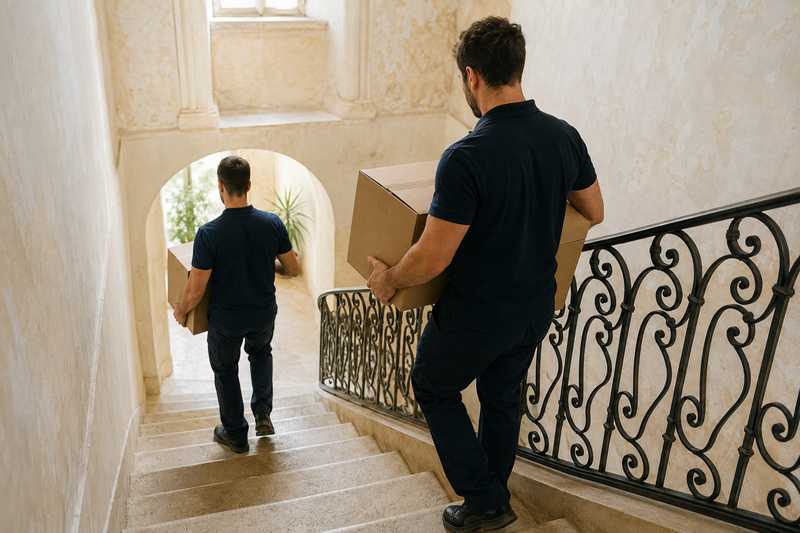Déménageurs descendant des cartons dans l’escalier d’un immeuble ancien du Mourillon