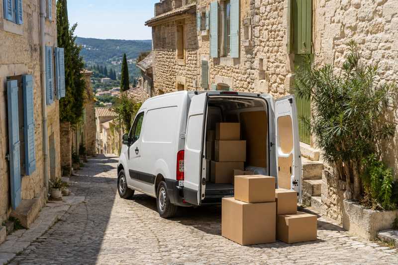 Fourgon de déménagement dans une ruelle du village de Flayosc